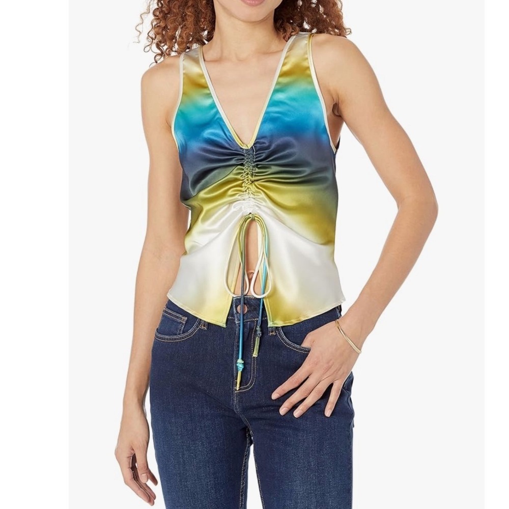 Tie Front Tank Top Sleeveless V Neck‎ Blue Yellow Ombre Casual Party